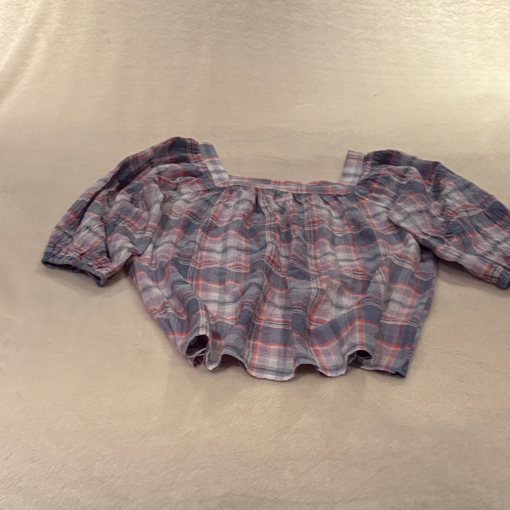 Chaps Multicolor Plaid Puff Sleeve Top